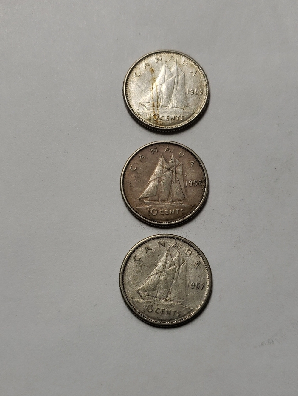 Three Canadian 1950's 10 Cent Coins - Bluenose Design - 80% Silver